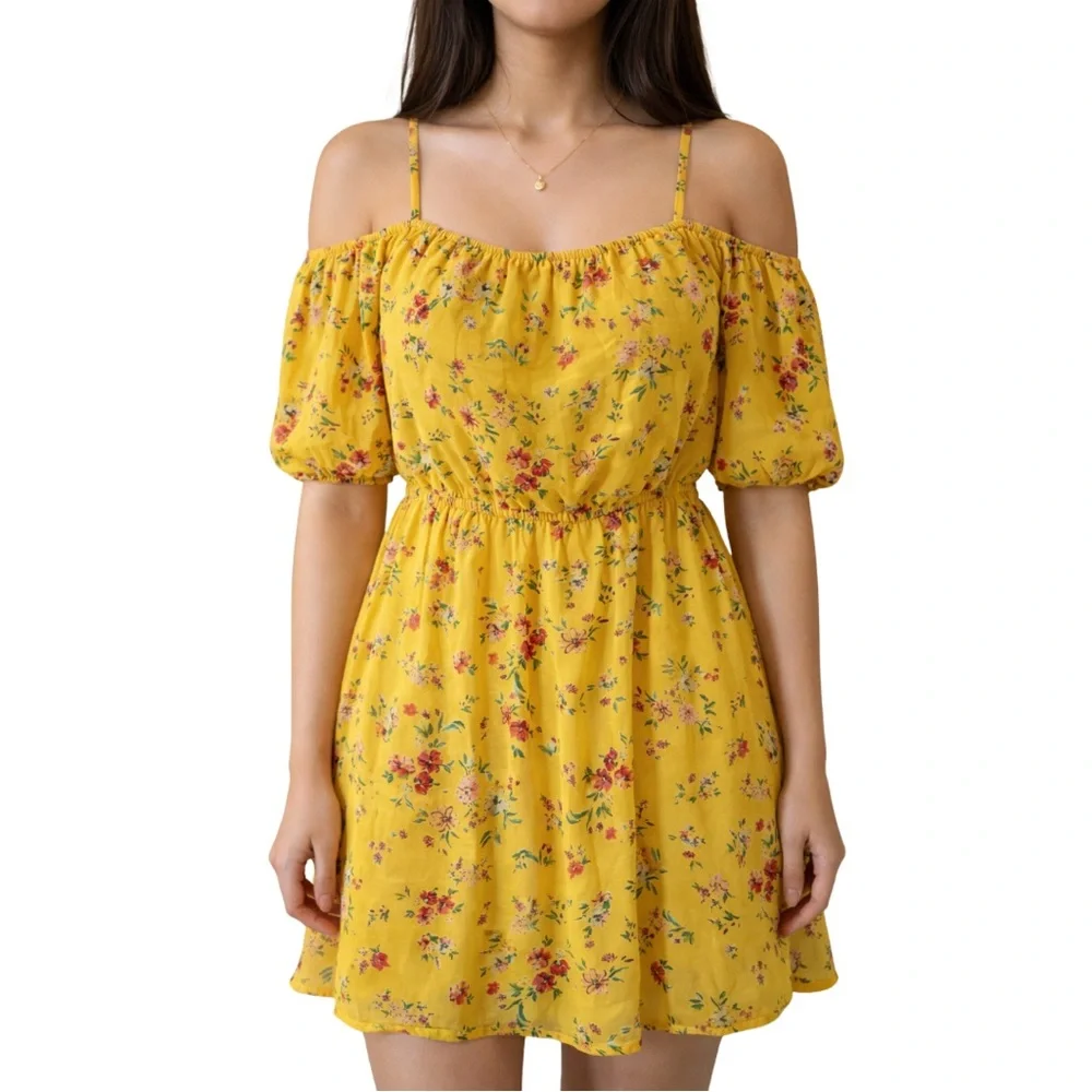 Yellow Floral Off Shoulder Dress Spaghetti Straps Size M - Picture 1 of 9